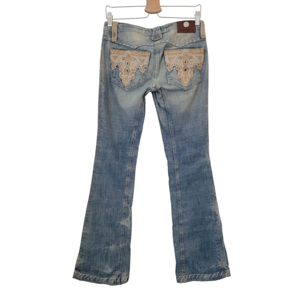 Y2K ANTIK DENIM Distressed Bootcut Low Rise Jeans Weave Pattern Women's Size 27 - Picture 2 of 12